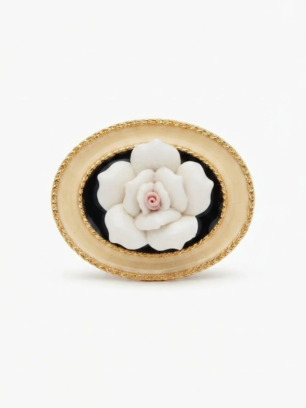 Vintage Ceramic White Rose Cameo Brooch | Oval Black and Gold-Tone Floral Pin